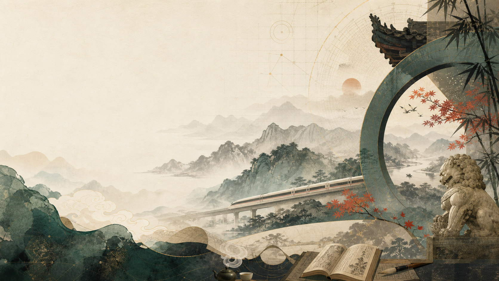 AI-imagined non-photorealistic atlas illustration with ink mountains, cultural motifs, and modern transit lines